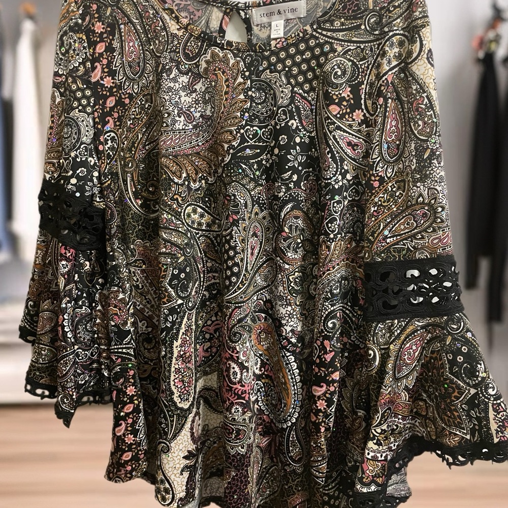 Green and Brown Bell Sleeve Blouse with Relaxed Fit